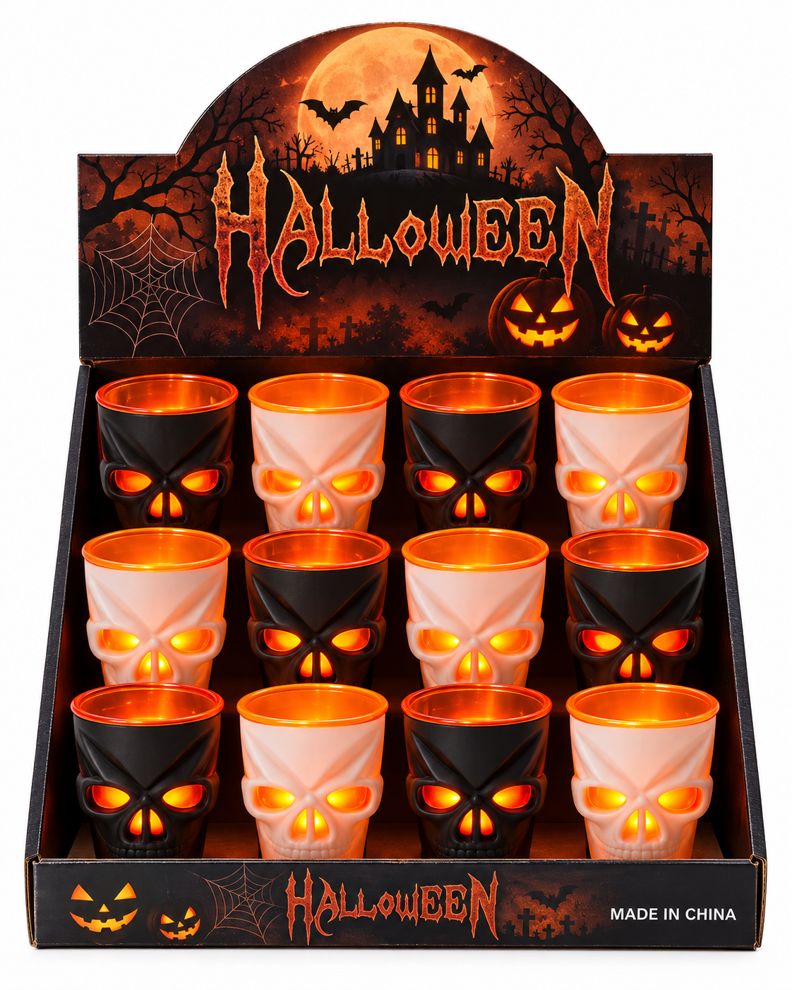 Parti Malzemesi Halloween 12’li Işıklı Kuru Kafa Bardak Kafatası Tasarımlı Standlı Set