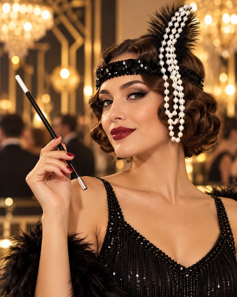 Parti Malzemesi 1920’ler Gatsby Charleston Kostüm Aksesuar Seti Payetli Saç Bandı İnci Kolye ve Ağızlık