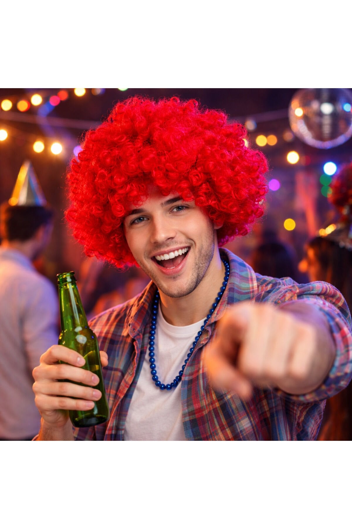 Kıvırcık Bonus Afro Peruk Yetişkin Parti Saçı Cadılar Bayramı Kostüm Peruk Kırmızı