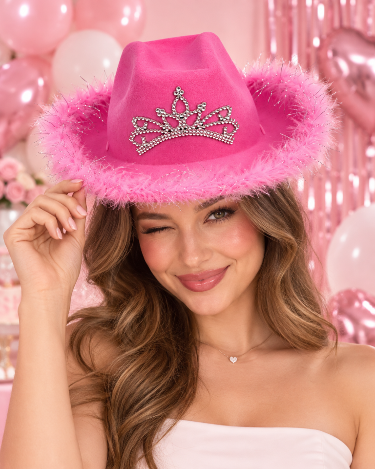 Parti Malzemesi Bride To Be Pembe Tüylü Taçlı Kovboy Şapkası Bekarlığa Veda Partisi Aksesuarı