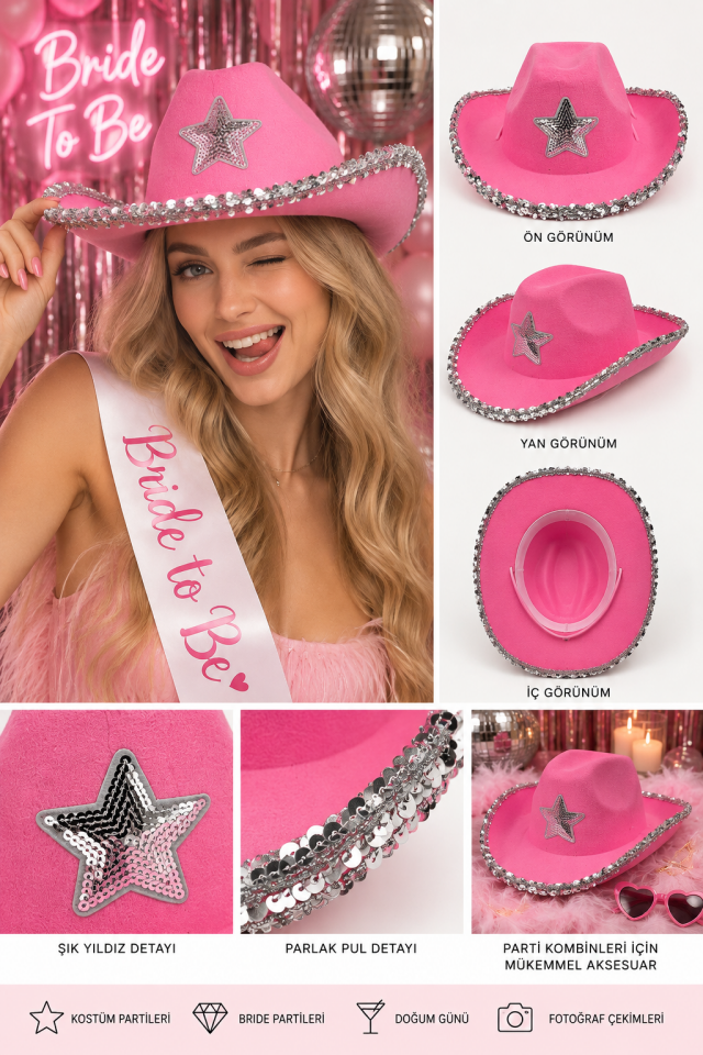 Parti Malzemesi Bride To Be Pembe Kovboy Şapkası Pullu Yıldızlı Bekarlığa Veda Parti Aksesuarı