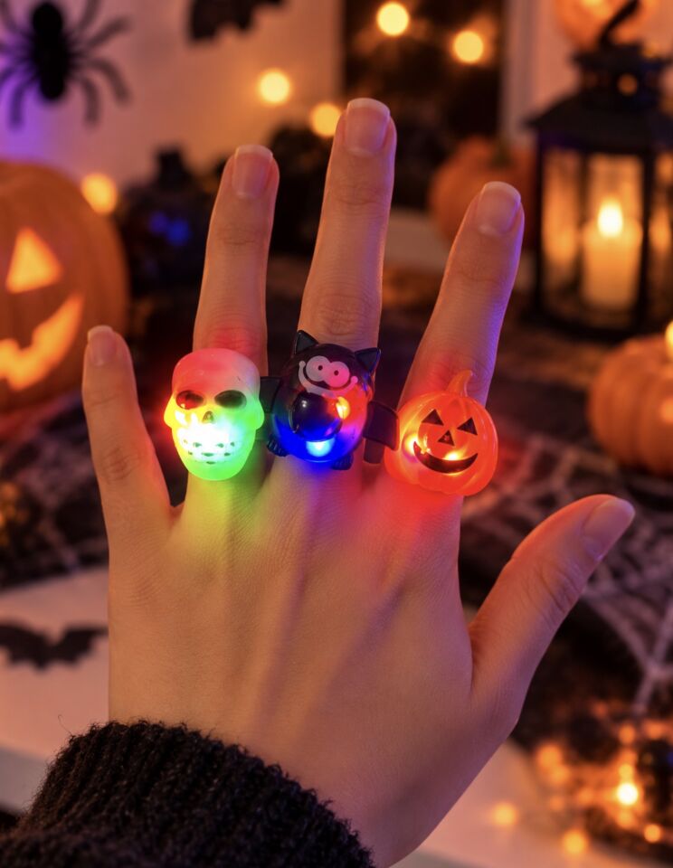 Parti Malzemesi 24’lü Stand Işıklı Halloween Yüzüğü Kuru Kafa Yarasa Balkabağı Parti Aksesuarı