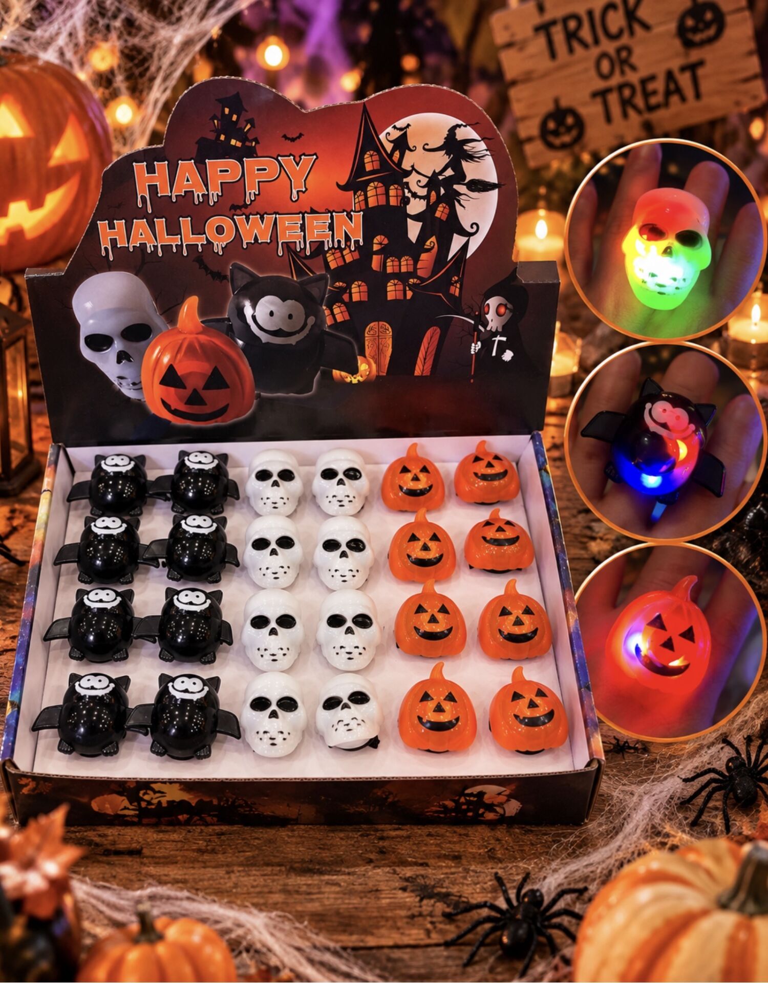 Parti Malzemesi 24’lü Stand Işıklı Halloween Yüzüğü Kuru Kafa Yarasa Balkabağı Parti Aksesuarı