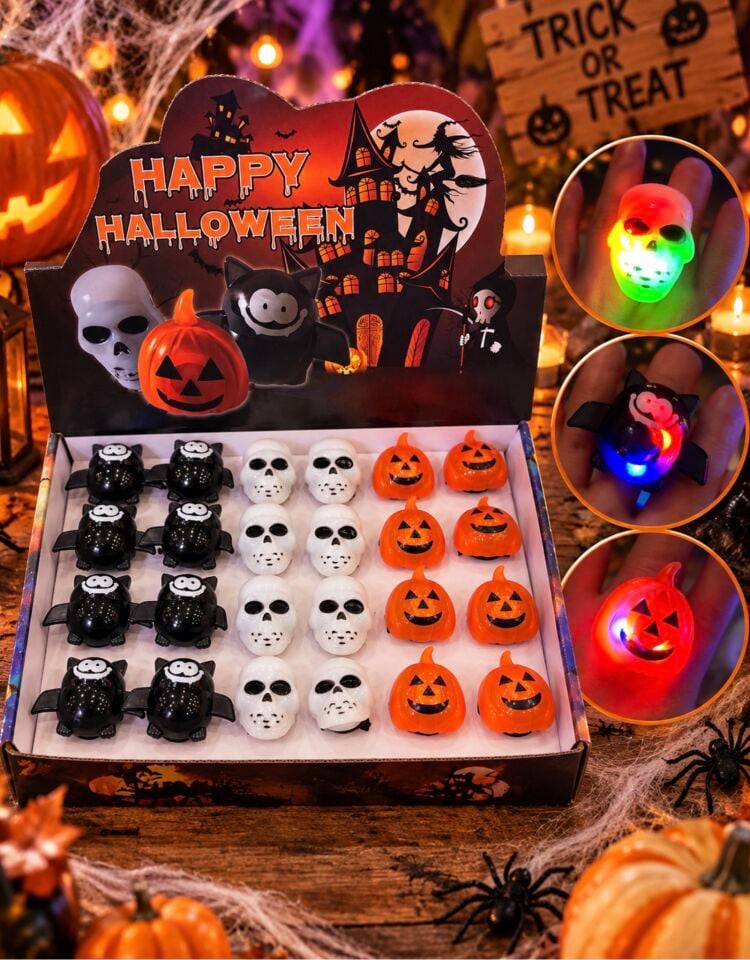 Parti Malzemesi 24’lü Stand Işıklı Halloween Yüzüğü Kuru Kafa Yarasa Balkabağı Parti Aksesuarı