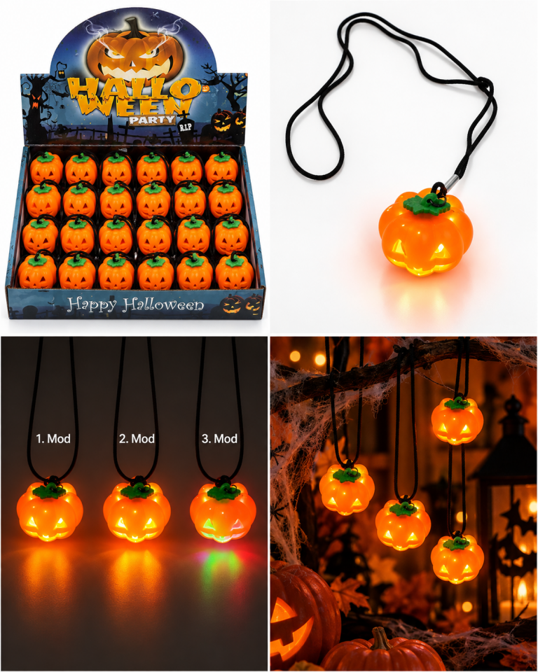 Parti Malzemesi Halloween Işıklı Balkabağı Kolye 3 Modlu LED Parti Aksesuarı 24’lü Stand