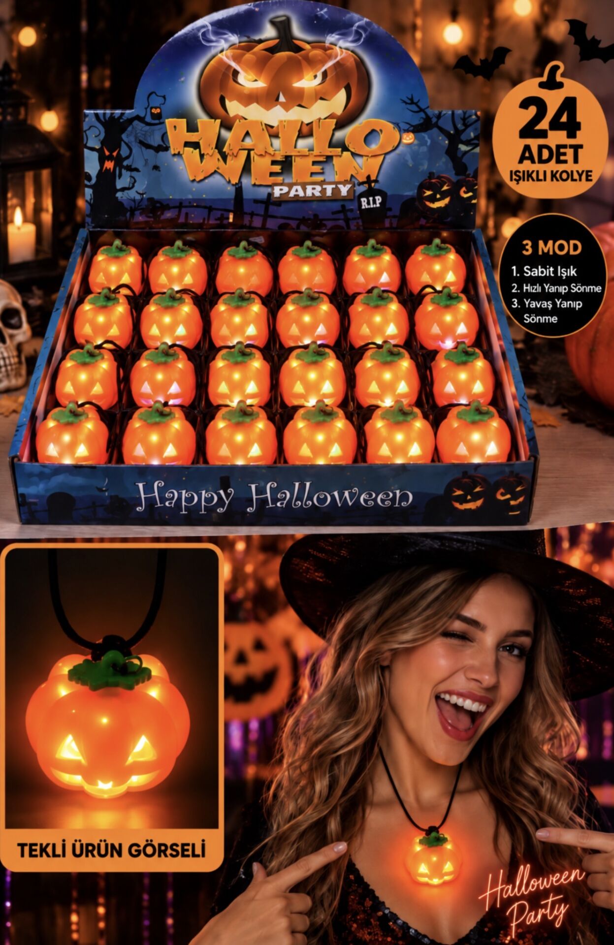 Parti Malzemesi Halloween Işıklı Balkabağı Kolye 3 Modlu LED Parti Aksesuarı 24’lü Stand