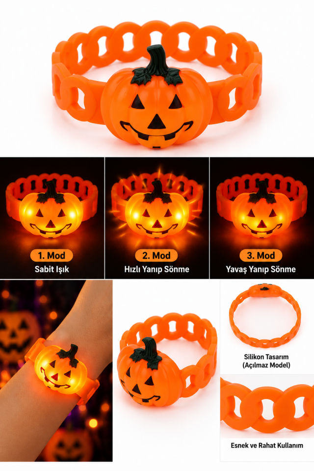 Parti Malzemeleri Halloween Işıklı Balkabağı Bileklik 3 Modlu LED Silikon Parti Aksesuarı