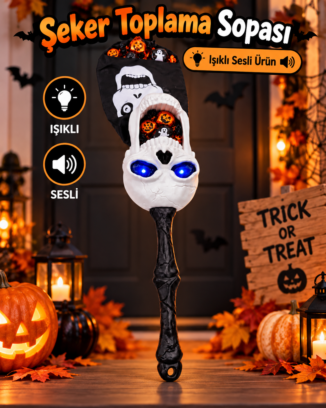Parti Malzemesi  Halloween Işıklı Sesli Şeker Toplama Sopası Kafatası Tasarımlı Pilli Çocuk Şeker Toplama Aksesuarı