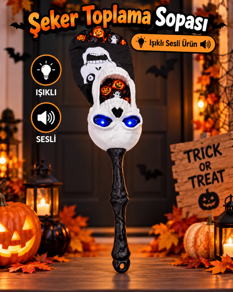 Parti Malzemesi  Halloween Işıklı Sesli Şeker Toplama Sopası Kafatası Tasarımlı Pilli Çocuk Şeker Toplama Aksesuarı