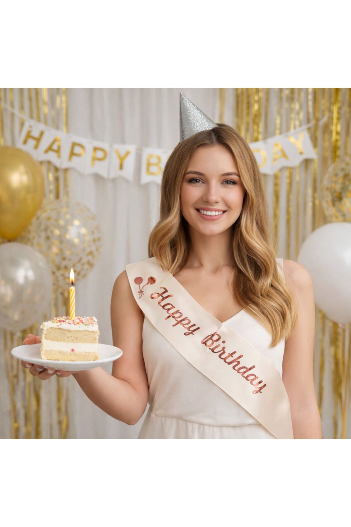 Happy Birthday Doğum Günü Kuşağı – Saten Kumaş BEJ Metalik