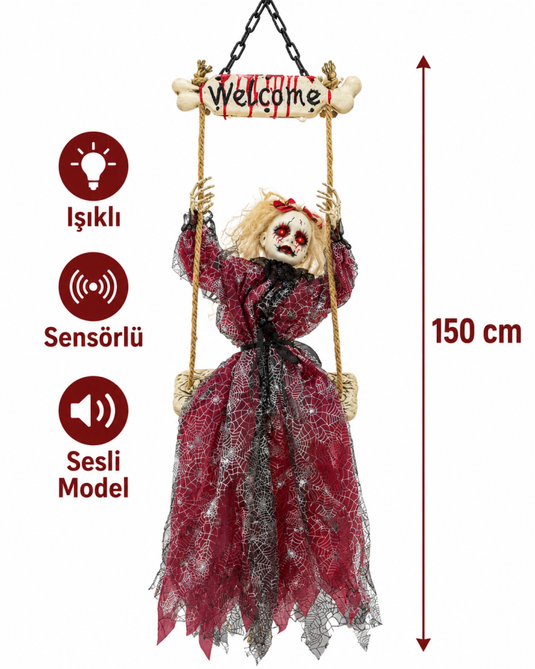 Parti Malzemesi 150 cm Işıklı Sensörlü Sesli Halloween Sallanan Korku Figürü Asılabilir Cadı Dekoru