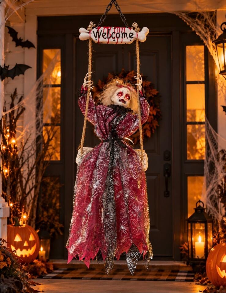 Parti Malzemesi 150 cm Işıklı Sensörlü Sesli Halloween Sallanan Korku Figürü Asılabilir Cadı Dekoru