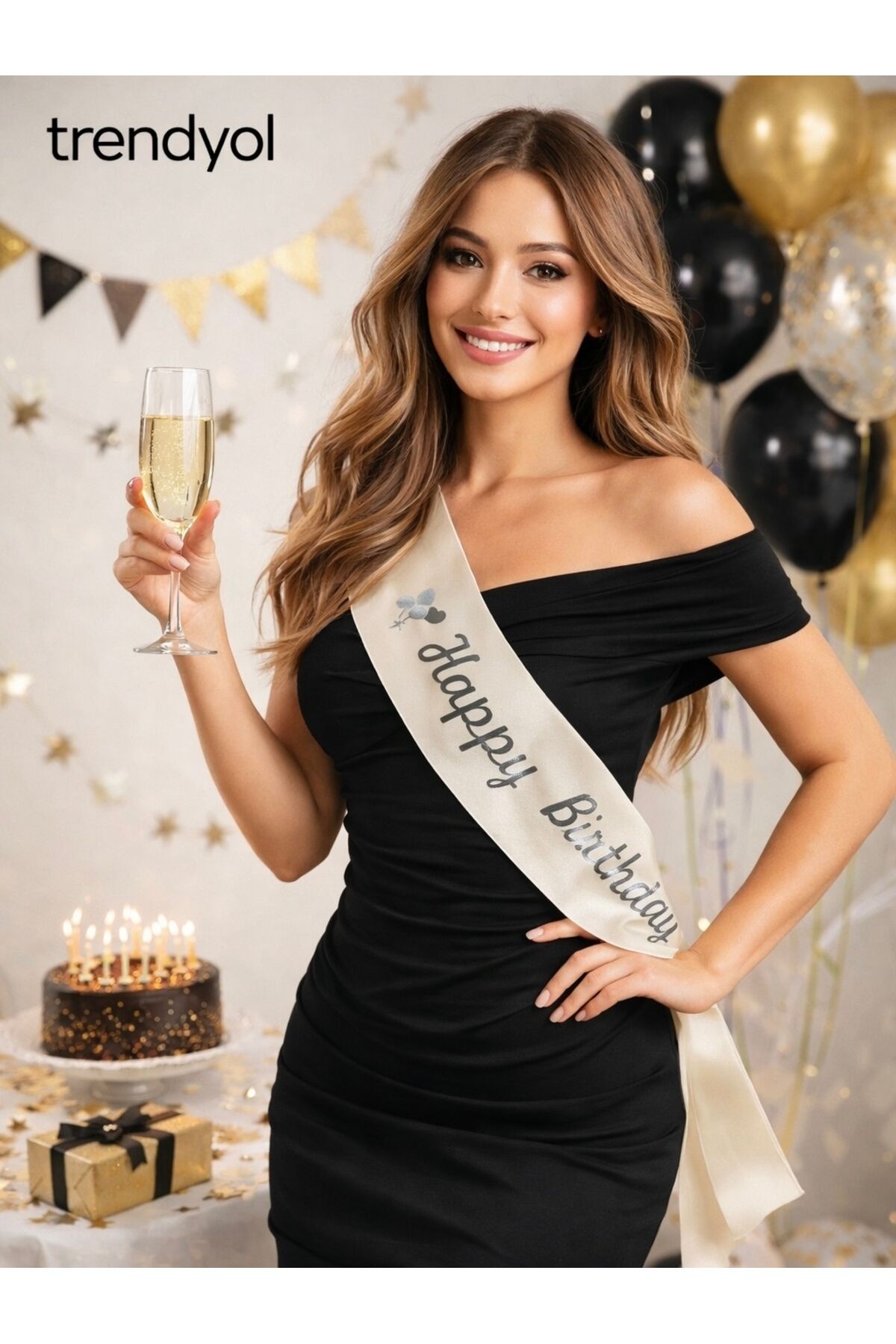 Happy Birthday Doğum Günü Kuşağı – Saten Kumaş BEJ Gümüş