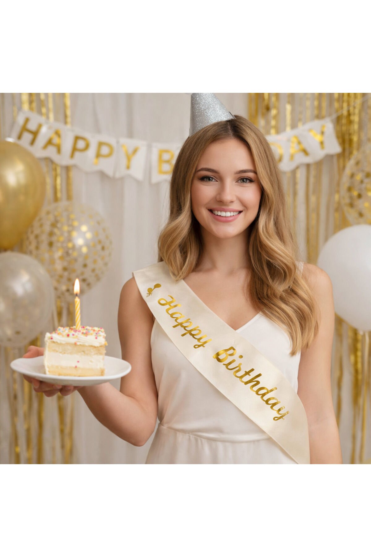 Happy Birthday Doğum Günü Kuşağı – Saten Kumaş BEJ Altın