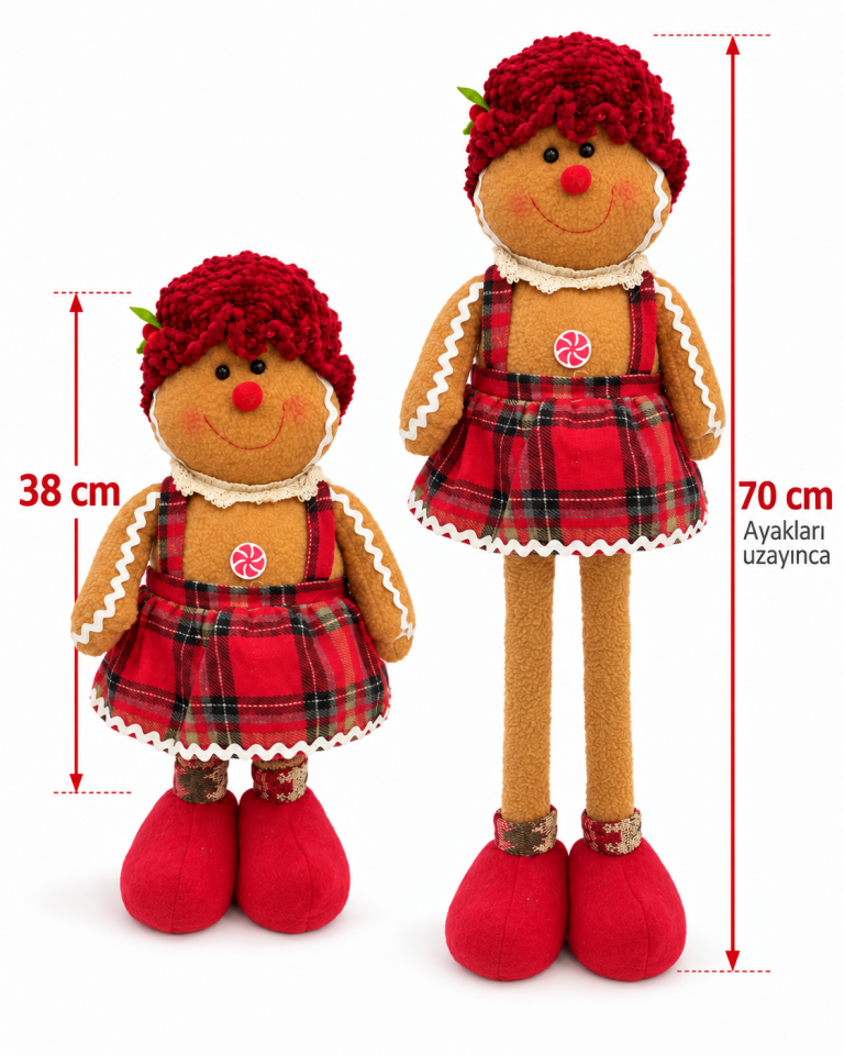Ayakları Uzayan Kurabiye Kız Yılbaşı Dekoru 38-70 cm Dekoratif Peluş Gingerbread Bebek