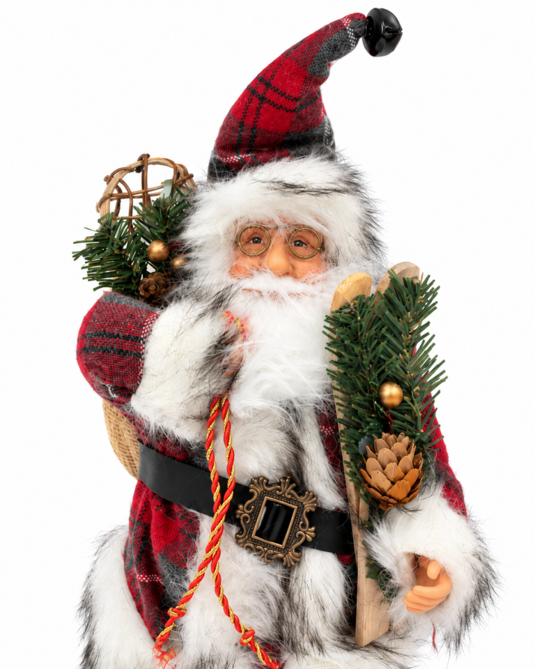 Parti Malzemesi 32 cm Dekoratif Noel Baba Figürü Çam Kozalak Detaylı Yılbaşı Süsü Kırmızı Ekose Kostümlü
