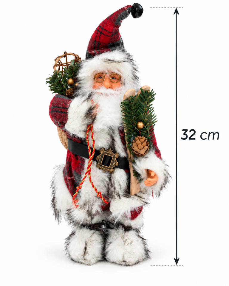 Parti Malzemesi 32 cm Dekoratif Noel Baba Figürü Çam Kozalak Detaylı Yılbaşı Süsü Kırmızı Ekose Kostümlü