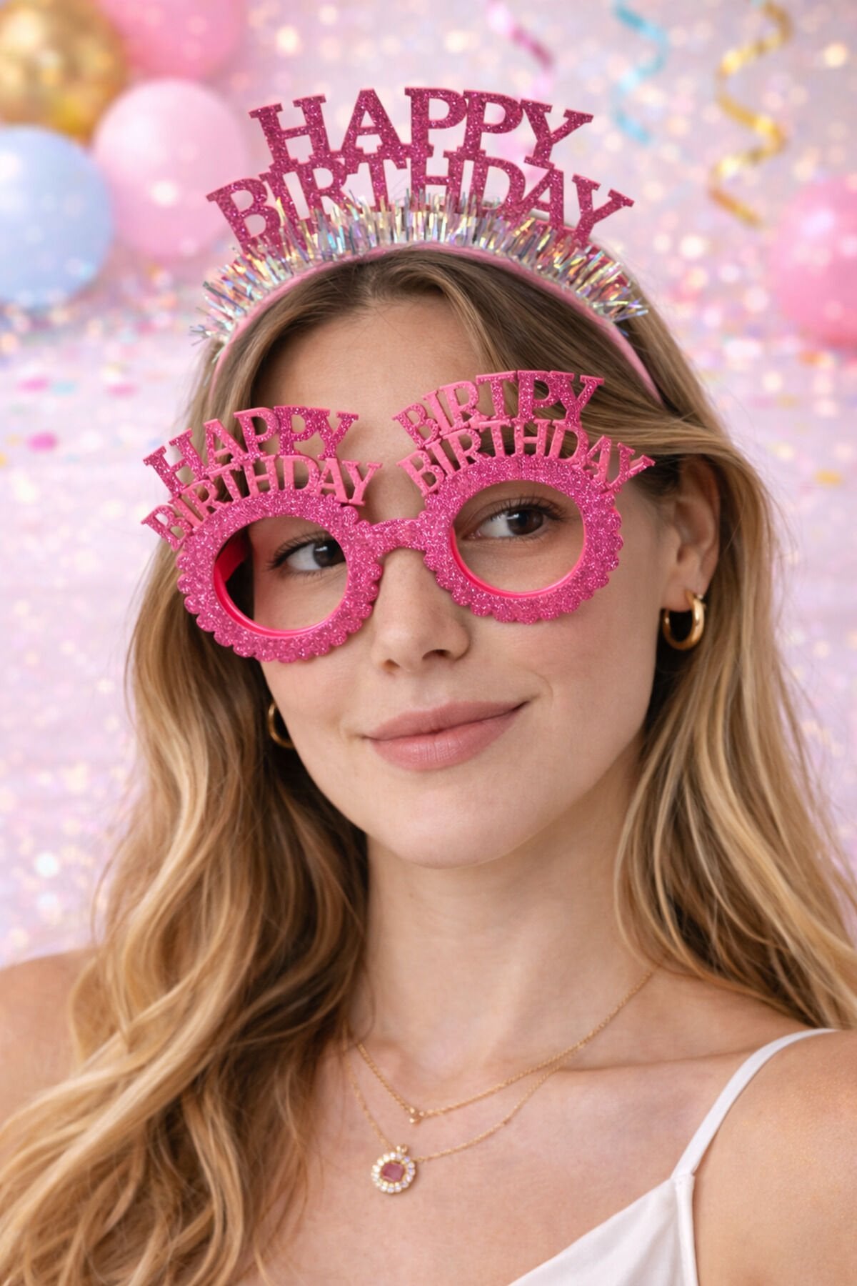 Happy Birthday Parti Seti Taç ve Camsız Parti Gözlüğü Doğum Günü Aksesuarı Pembe