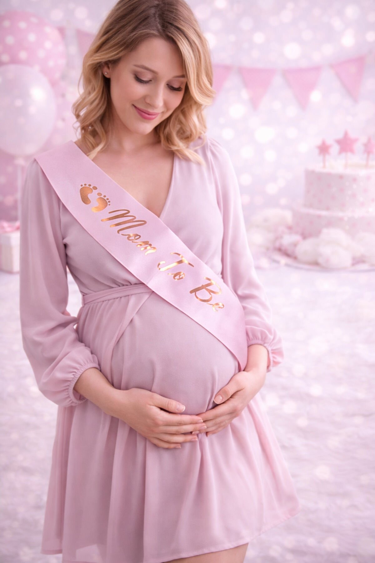 Mom To Be Pembe Saten Kuşak – Baby Shower Anne Adayı Kuşağı 144x10 cm Metalik