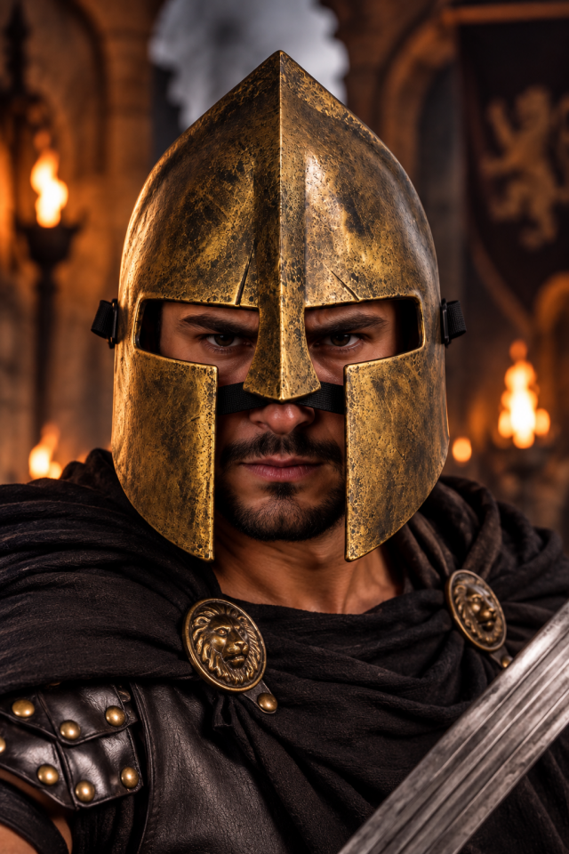 Parti Malzemesi Gladyatör Savaşçı Maskesi – Antik Roma Spartan Miğfer Görünümlü Parti ve Kostüm Maskesi Gold