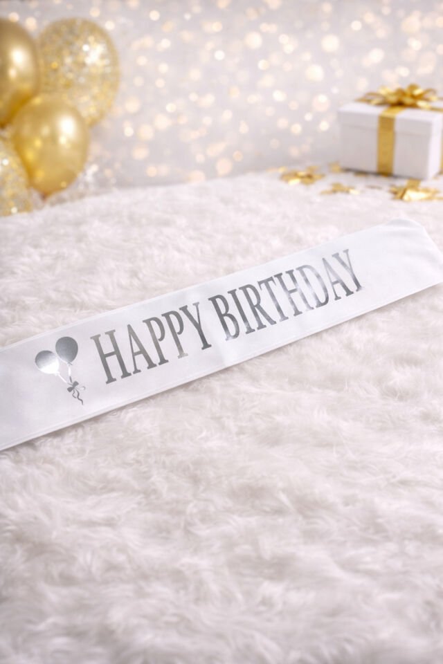 Happy Birthday Beyaz Saten Kuşak – Yaldız Baskılı Doğum Günü Parti Kuşağı 144x10 cm Gümüş