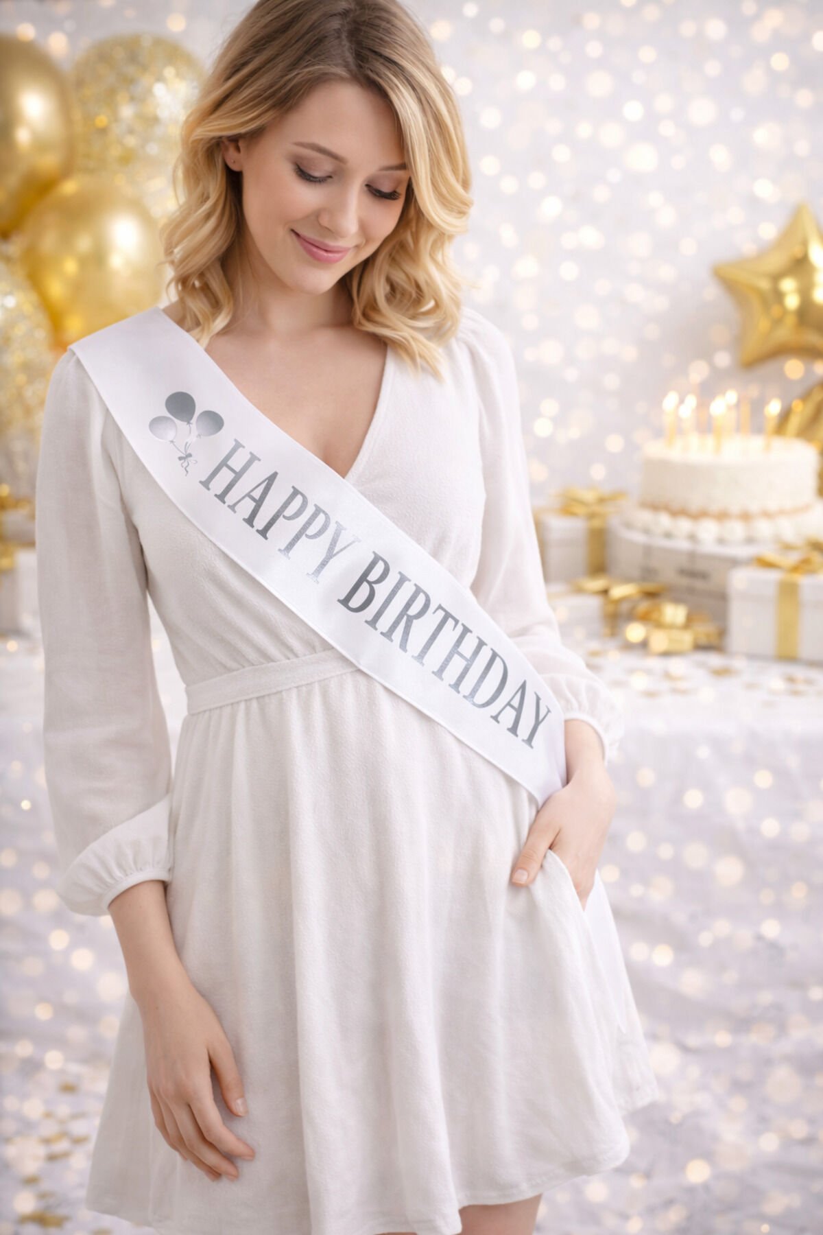 Happy Birthday Beyaz Saten Kuşak – Yaldız Baskılı Doğum Günü Parti Kuşağı 144x10 cm Gümüş