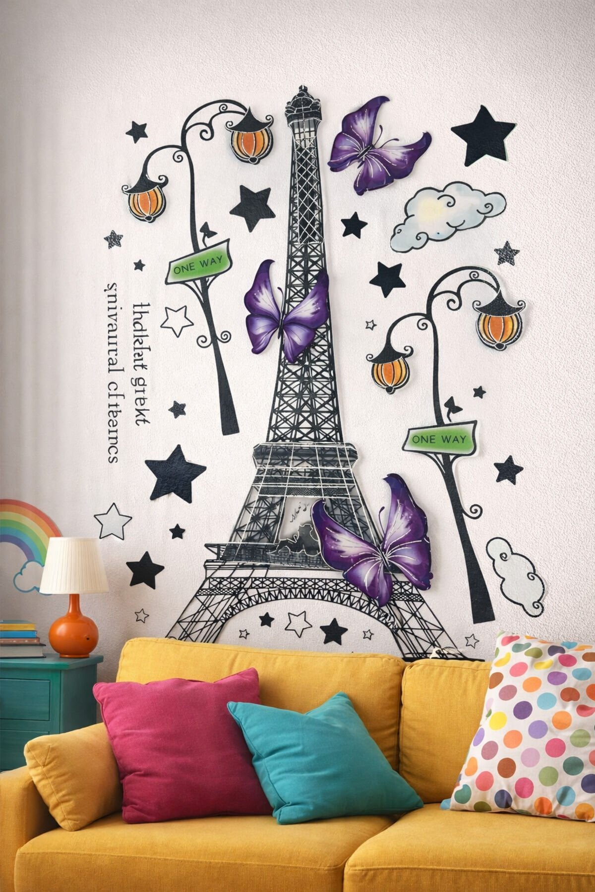Eyfel Kulesi 3D Duvar Stickerı – Kelebekli Paris Temalı Dekor (32x50 cm) Mor