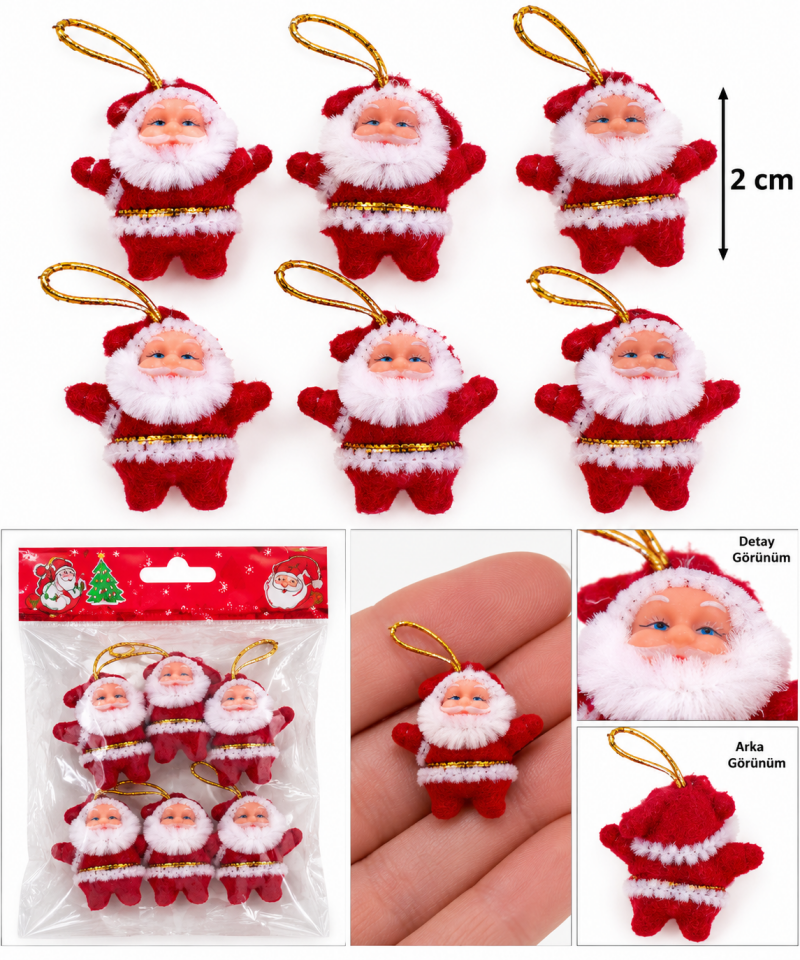 Parti malzemeleri 6’lı Mini Noel Baba Yılbaşı Ağacı Süsü 2 cm – Askılı Küçük Çam Ağacı Dekoru