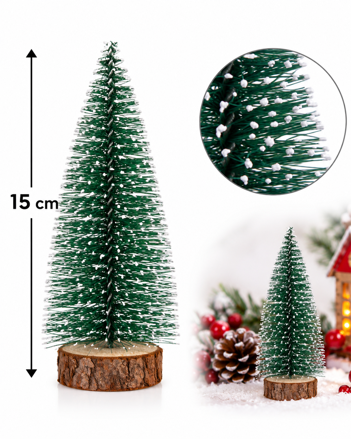 Parti Malzemesi  15 Cm Karlı Mini Yılbaşı Çam Ağacı Ahşap Tabanlı Masaüstü Dekor Süsü