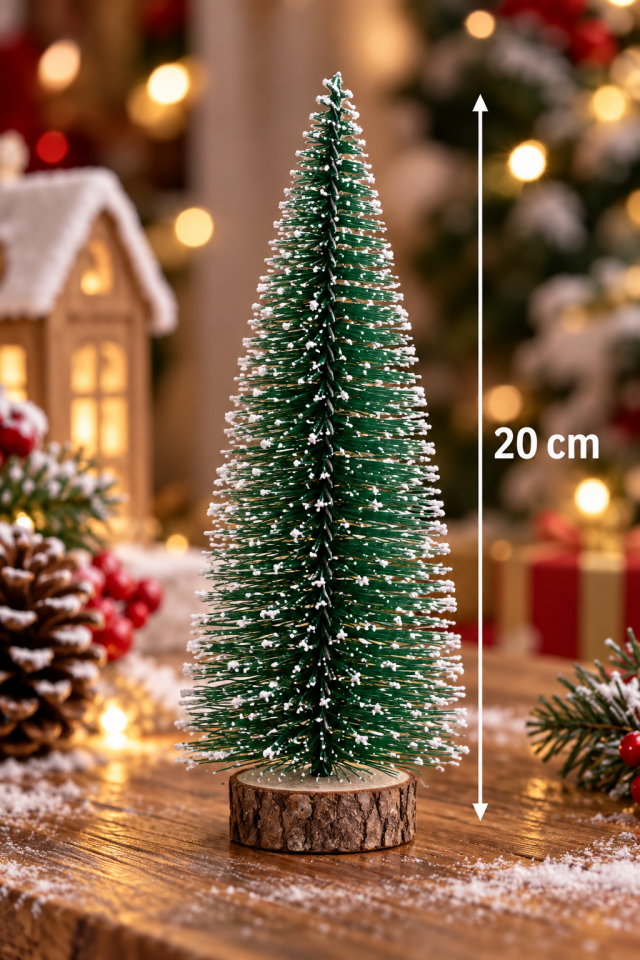 Parti Malzemeleri 20 cm Mini Karlı Yılbaşı Çam Ağacı Dekoru – Ahşap Tabanlı Masa Üstü Noel Süsü