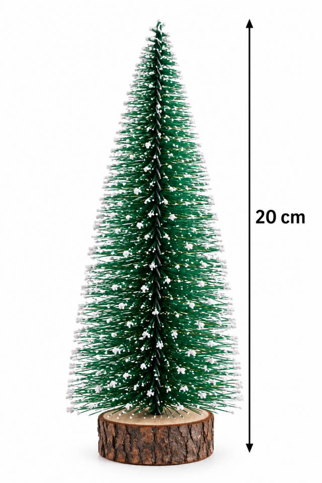 Parti Malzemeleri 20 cm Mini Karlı Yılbaşı Çam Ağacı Dekoru – Ahşap Tabanlı Masa Üstü Noel Süsü