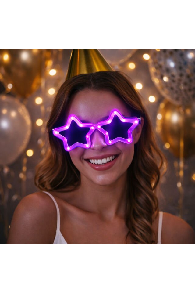 Işıklı Yıldız Parti Gözlüğü – LED Neon Efektli Eğlence Gözlüğü Pembe