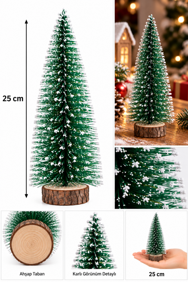 Parti Malzemeleri 25 cm Mini Karlı Yılbaşı Çam Ağacı Dekoru – Ahşap Tabanlı Masa Üstü Noel Süsü