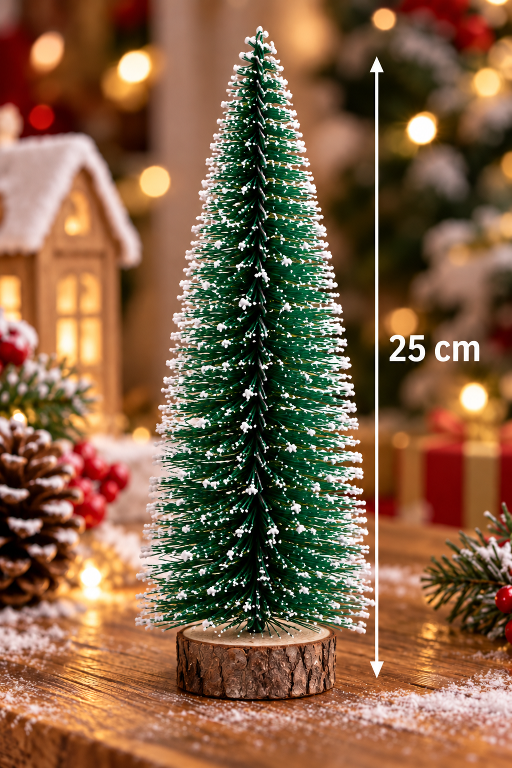 Parti Malzemeleri 25 cm Mini Karlı Yılbaşı Çam Ağacı Dekoru – Ahşap Tabanlı Masa Üstü Noel Süsü