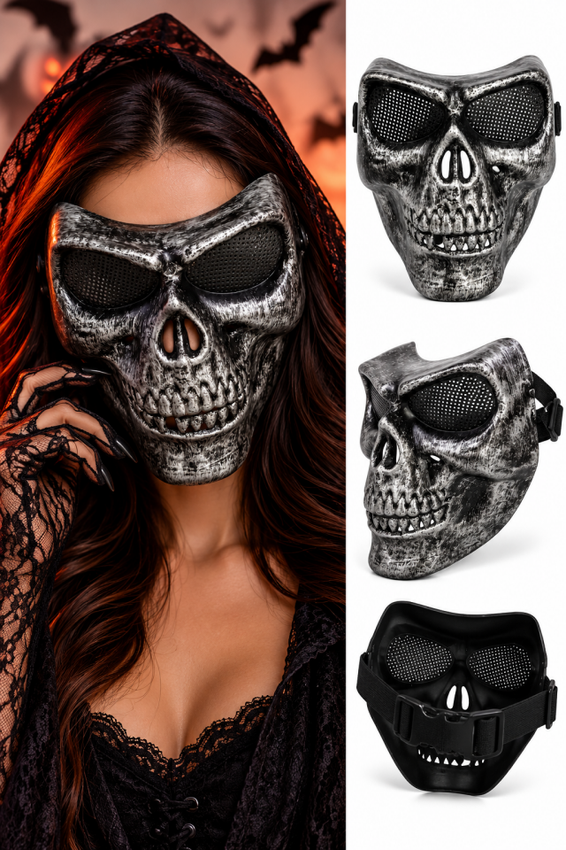 Parti Malzemesi  Halloween Kuru Kafa Maske – İskelet Görünümlü Yetişkin Parti ve Kostüm Maskesi Gümüş