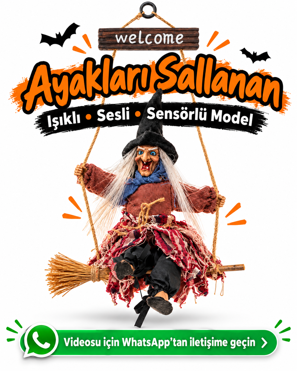 Parti Malzemesi Sallanan Ayaklı Sensörlü Işıklı Sesli Cadı 42 cm Halloween Kapı Süsü – Süpürgeli Hareketli Dekor