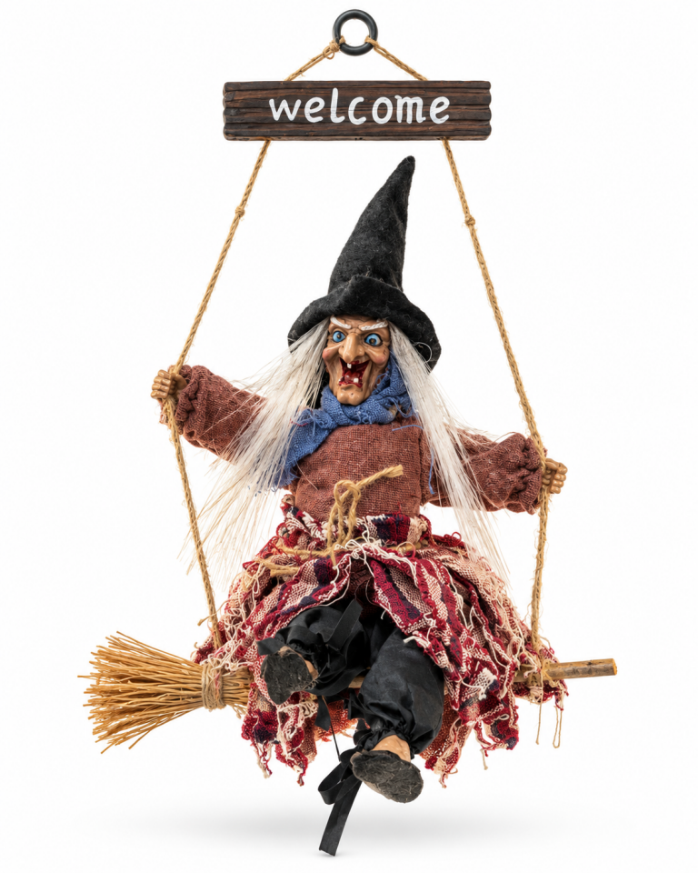 Parti Malzemesi Sallanan Ayaklı Sensörlü Işıklı Sesli Cadı 42 cm Halloween Kapı Süsü – Süpürgeli Hareketli Dekor