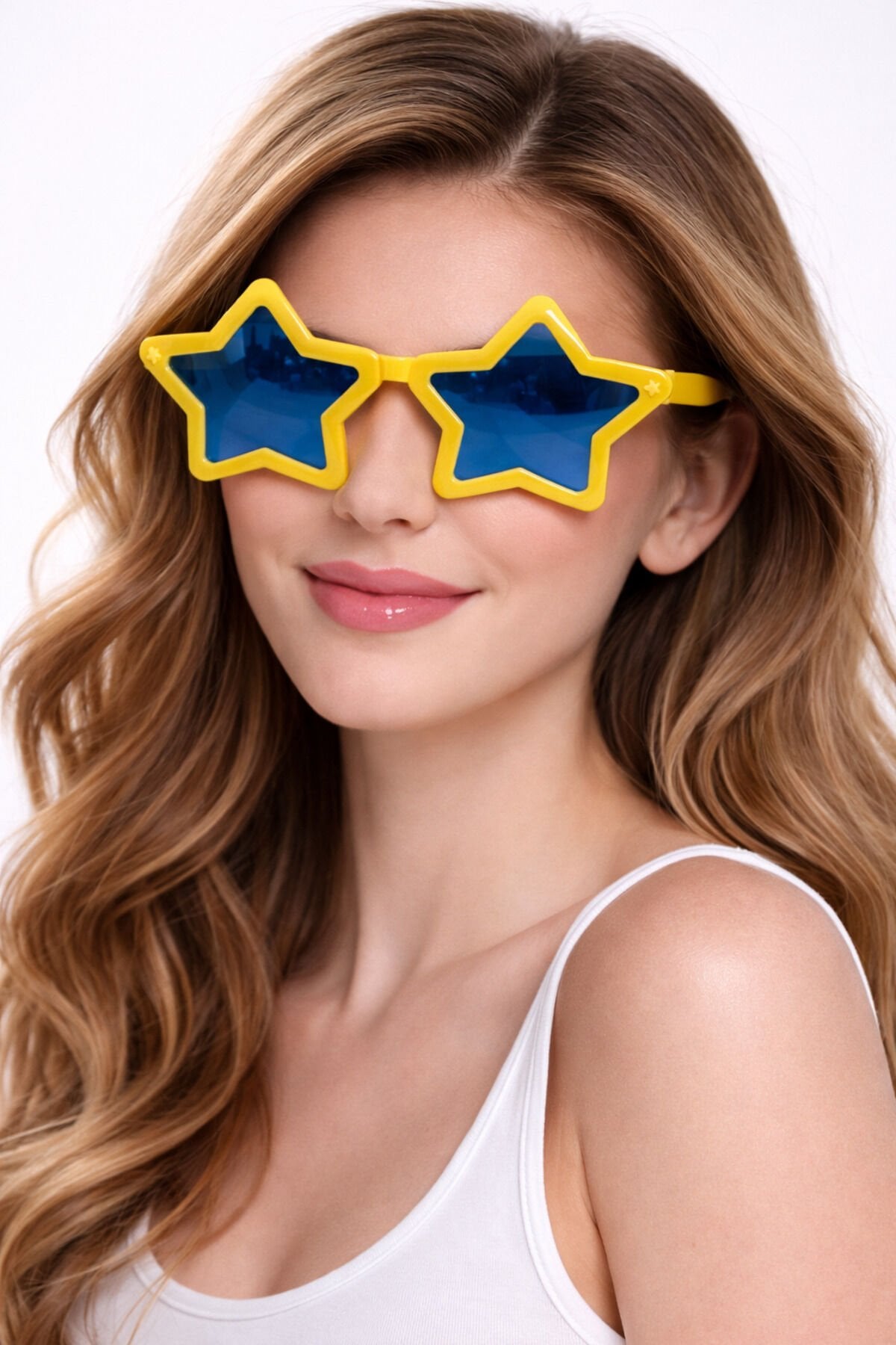 Dev Yıldız Parti Gözlüğü Pembe Camlı Renkli Çerçeve Eğlenceli Konsept Gözlük Sarı