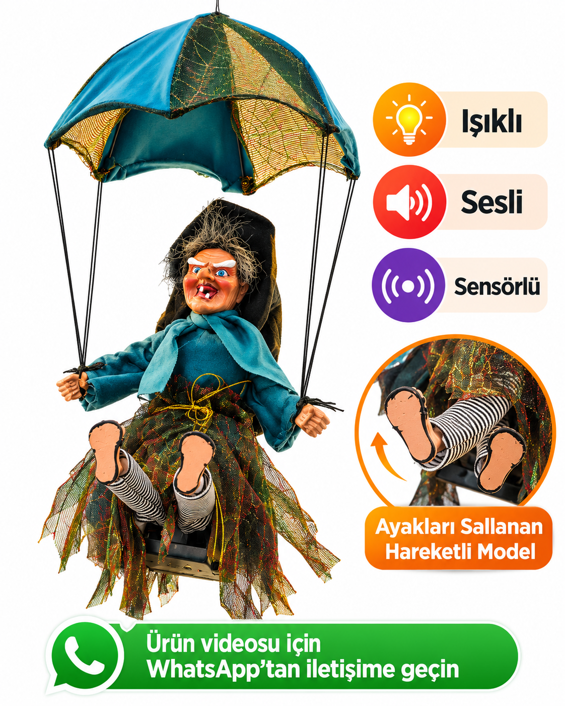 Parti Malzemesi  48 cm Işıklı Sesli Sensörlü Sallanan Cadı Halloween Dekoru – Ayakları Hareketli Asılabilir Cadı Süsü