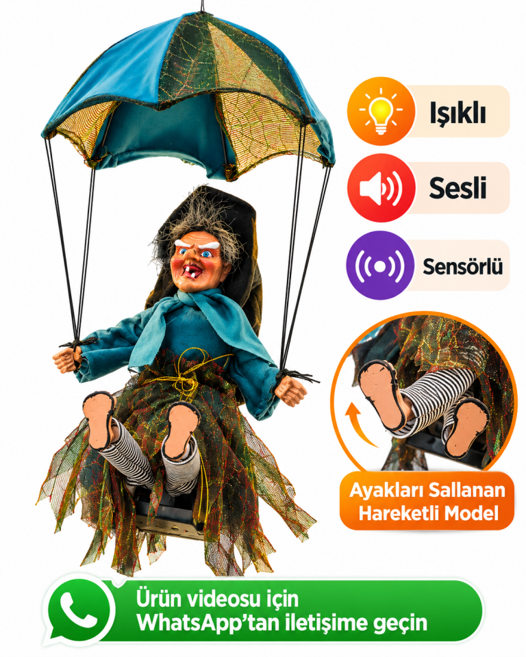 Parti Malzemesi  48 cm Işıklı Sesli Sensörlü Sallanan Cadı Halloween Dekoru – Ayakları Hareketli Asılabilir Cadı Süsü