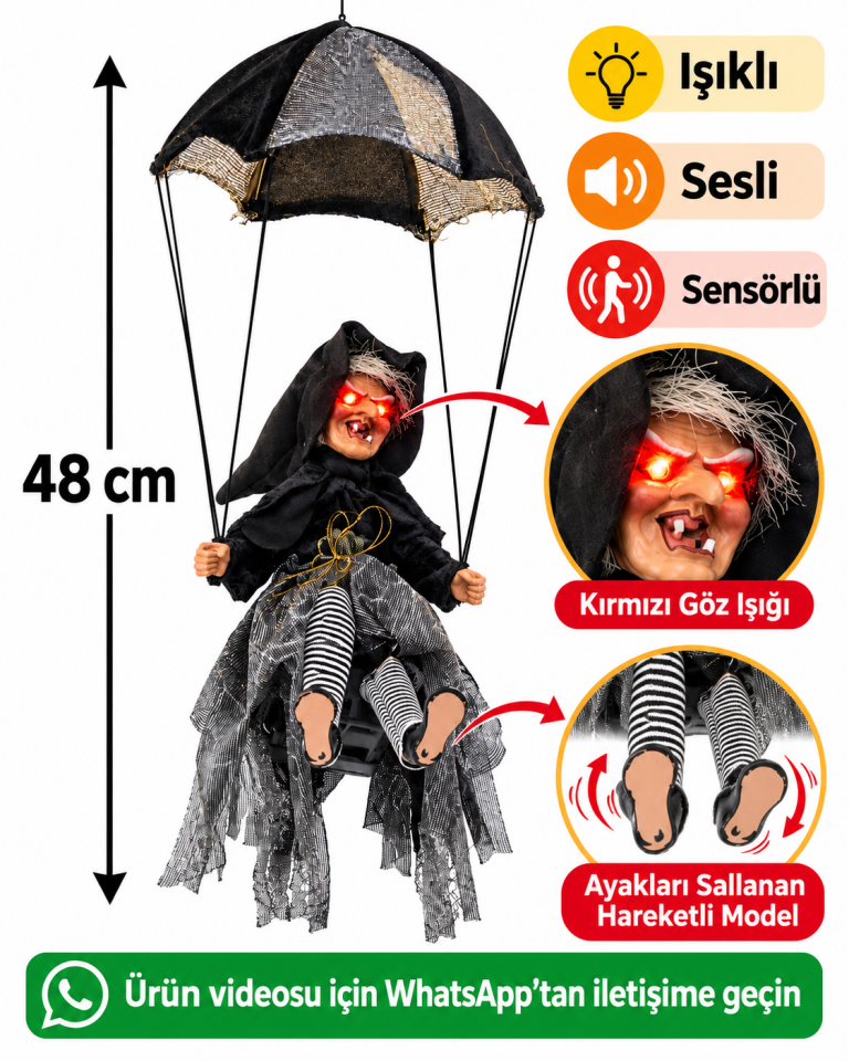 Parti Malzemesi  48 cm Işıklı Sesli Sensörlü Sallanan Cadı Halloween Dekoru – Ayakları Hareketli Asılabilir Cadı Süsü Siyah