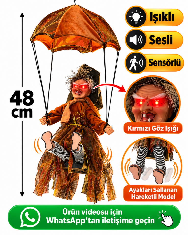 Parti Malzemesi  48 cm Işıklı Sesli Sensörlü Sallanan Cadı Halloween Dekoru – Ayakları Hareketli Asılabilir Cadı Süsü Turuncu
