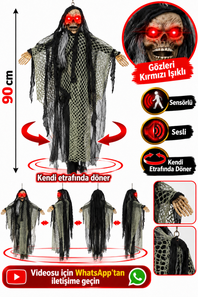 Parti Malzemeleri 90 cm Işıklı Sesli Sensörlü Dönen Halloween İskelet Süs – Kırmızı Gözlü Asılabilir Korku Dekoru Siyah