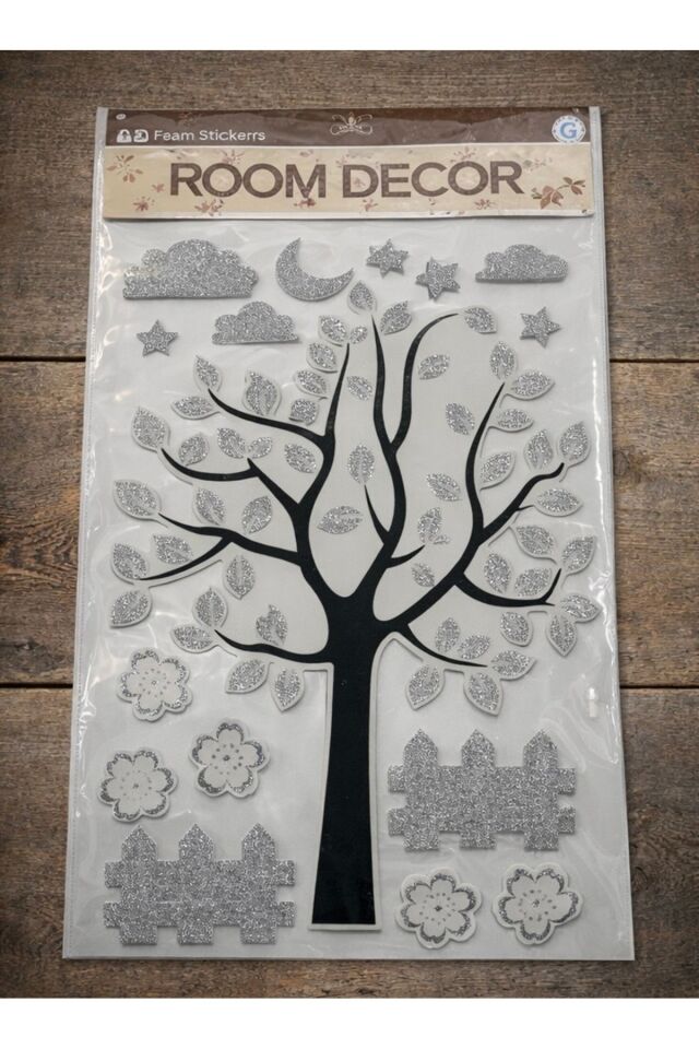 Simli Ağaç Duvar Stickerı 3D – Dekoratif Ağaç ve Yaprak Desenli Duvar Süsü (32x50 cm)