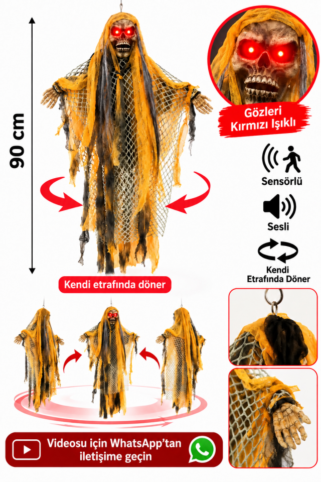 Parti Malzemeleri 90 cm Işıklı Sesli Sensörlü Dönen Halloween İskelet Süs – Kırmızı Gözlü Asılabilir Korku Dekoru Sarı