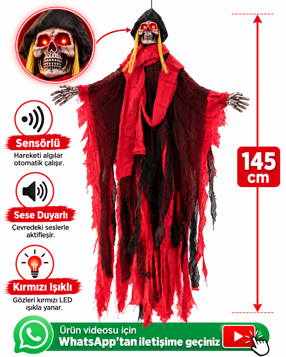 Parti Malzemesi 145 cm Sensörlü Sesli Kırmızı Göz Işıklı İskelet Halloween Dekoru – Asılabilir Hareketli Korku Süsü