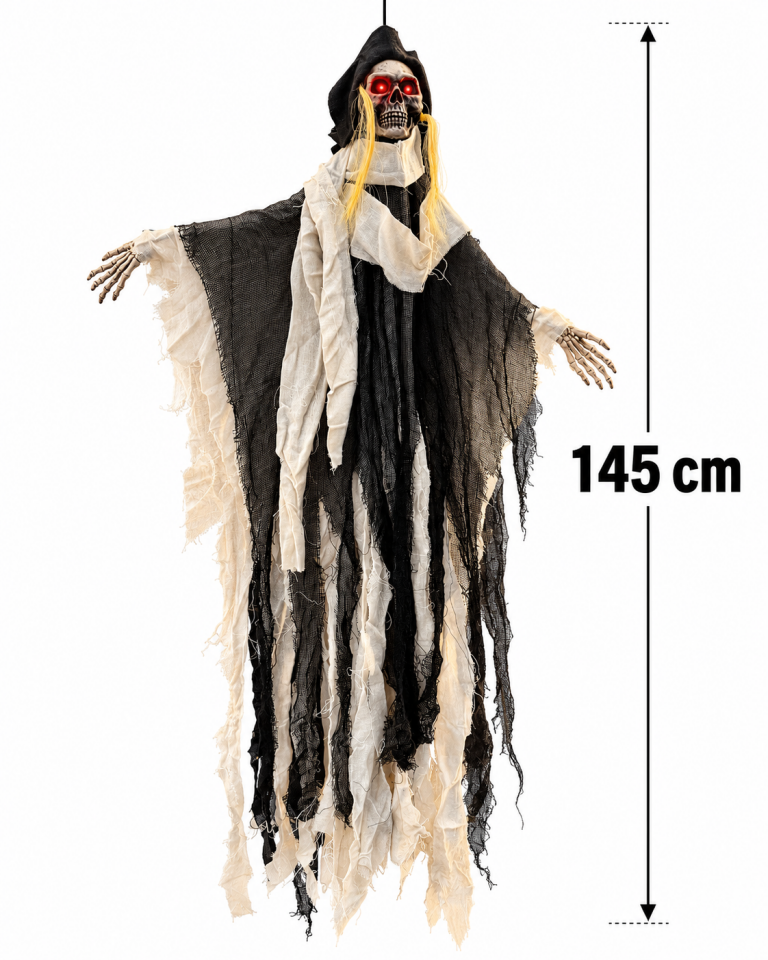 Parti Malzemesi 145 cm Sensörlü Sesli Kırmızı Göz Işıklı İskelet Halloween Dekoru – Asılabilir Hareketli Korku Süsü Siyah