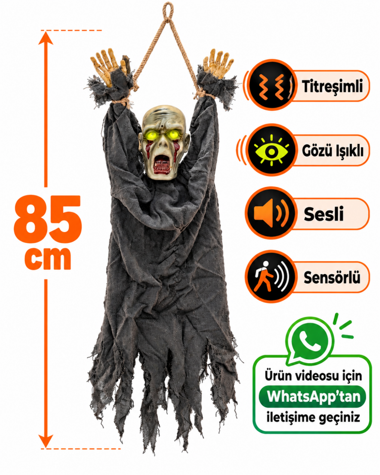 Parti Malzemesi 85 cm Titreşimli Kırmızı Göz Işıklı Sesli Sensörlü Halloween Korku Figürü – Asılabilir Zombi Dekoru Siyah