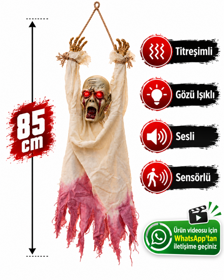Parti Malzemesi 85 cm Titreşimli Kırmızı Göz Işıklı Sesli Sensörlü Halloween Korku Figürü – Asılabilir Zombi Dekoru Bej