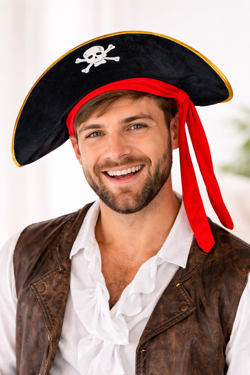 Korsan Şapka Kırmızı Bağcıklı Siyah Altın Detaylı  Yetişkin Parti Şapkası